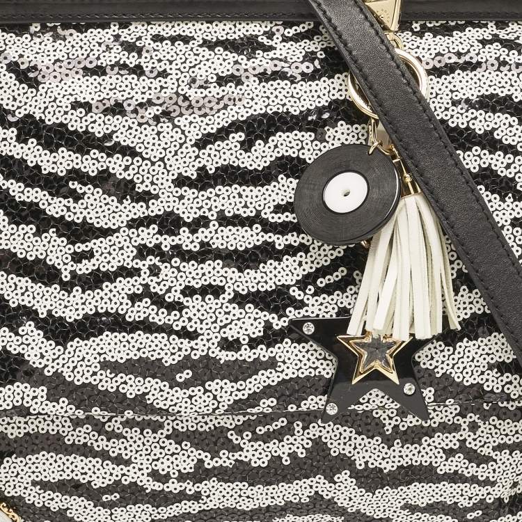 Pre Owned Dolce & Gabbana Black/White Sequins and Calf Hair Large Miss Sicily Top Handle Bag