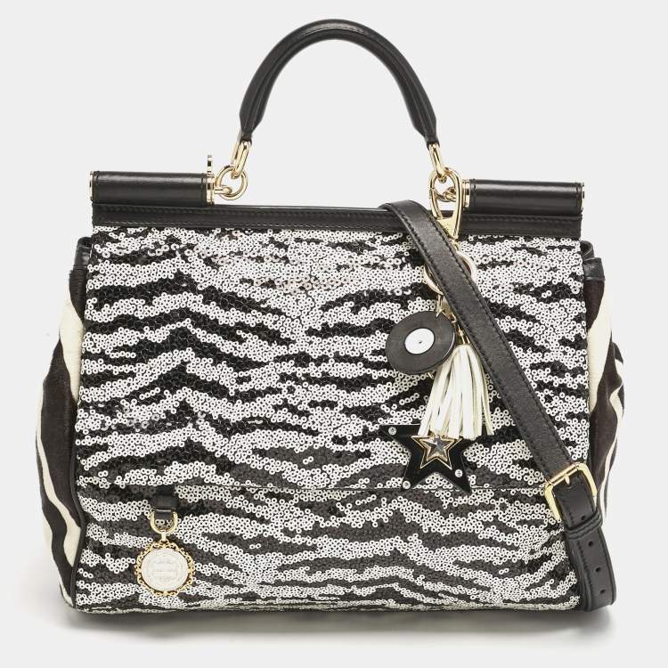 Pre Owned Dolce & Gabbana Black/White Sequins and Calf Hair Large Miss Sicily Top Handle Bag