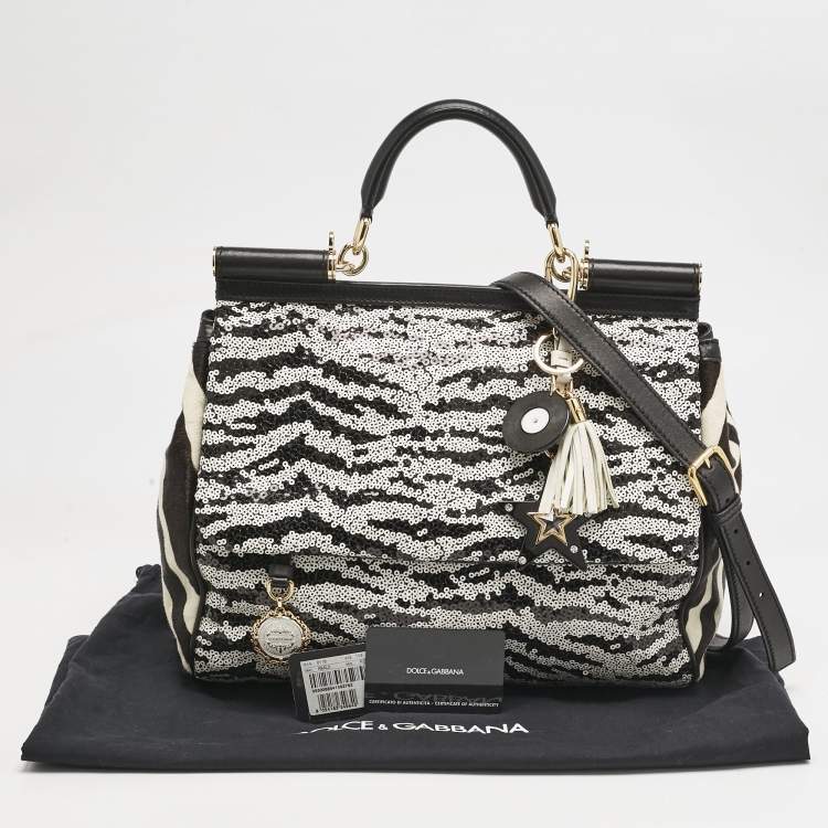 Pre Owned Dolce & Gabbana Black/White Sequins and Calf Hair Large Miss Sicily Top Handle Bag