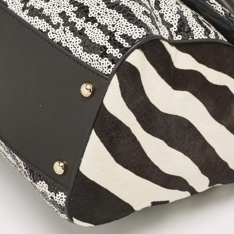 Pre Owned Dolce & Gabbana Black/White Sequins and Calf Hair Large Miss Sicily Top Handle Bag