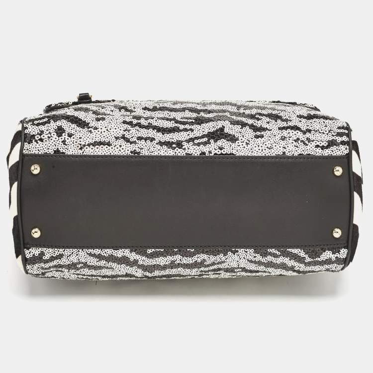 Pre Owned Dolce & Gabbana Black/White Sequins and Calf Hair Large Miss Sicily Top Handle Bag