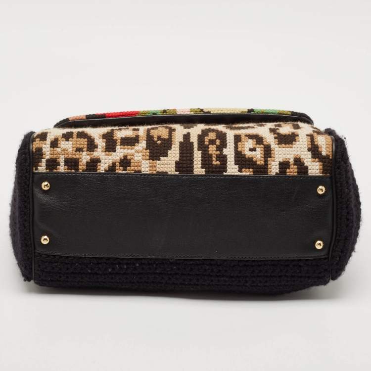 Pre Owned Dolce & Gabbana Black Crochet and Leather Floral Miss Sicily Top Handle Bag