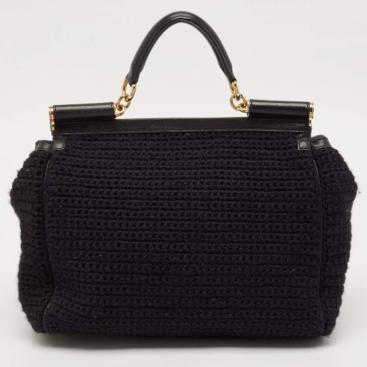 Pre Owned Dolce & Gabbana Black Crochet and Leather Floral Miss Sicily Top Handle Bag