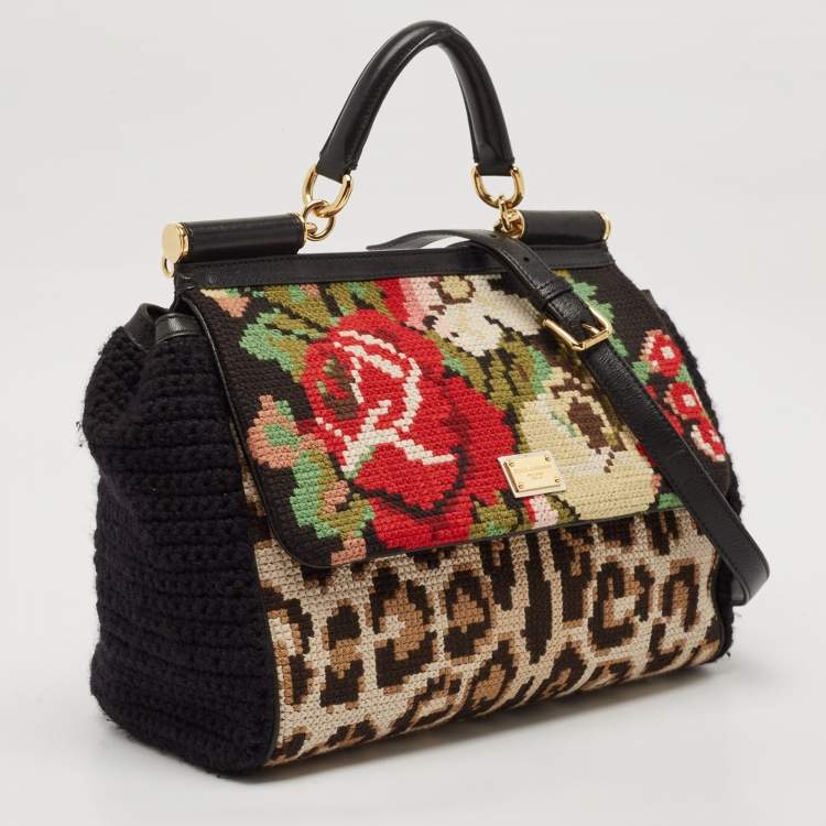 Pre Owned Dolce & Gabbana Black Crochet and Leather Floral Miss Sicily Top Handle Bag