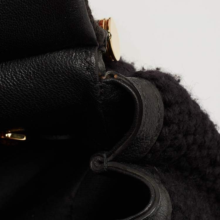 Pre Owned Dolce & Gabbana Black Crochet and Leather Floral Miss Sicily Top Handle Bag