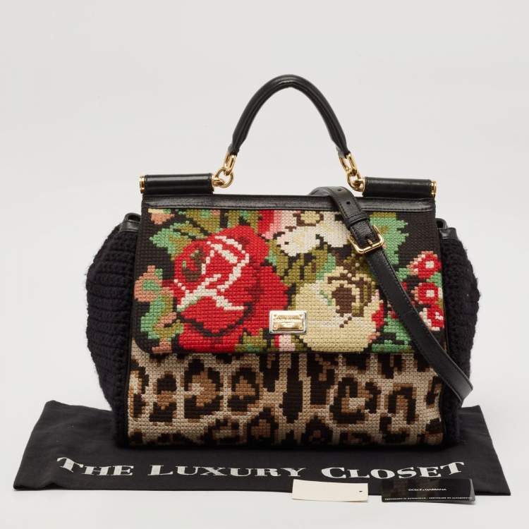 Pre Owned Dolce & Gabbana Black Crochet and Leather Floral Miss Sicily Top Handle Bag