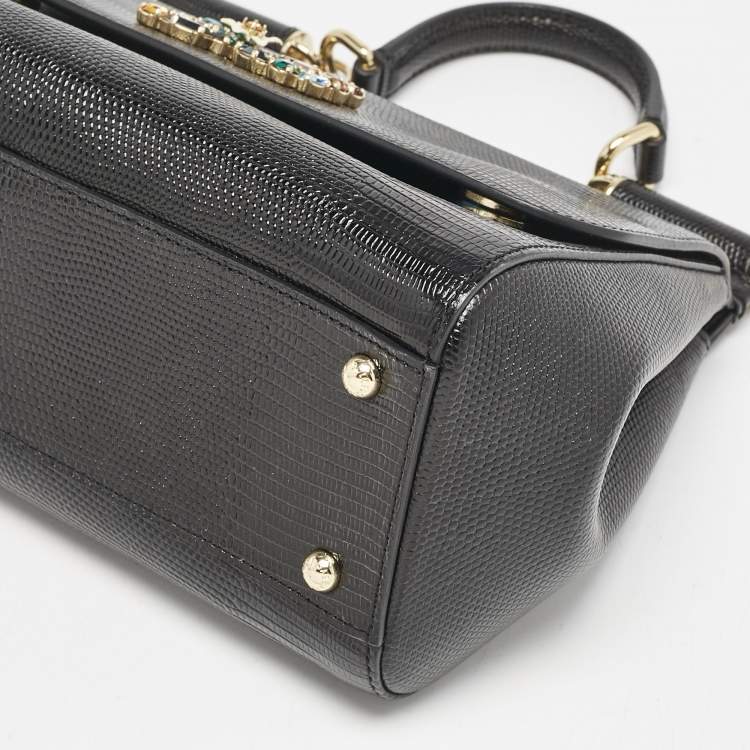 Pre Owned Dolce & Gabbana Black Lizard Embossed Leather Crystal DG Logo Large Miss Sicily Bag