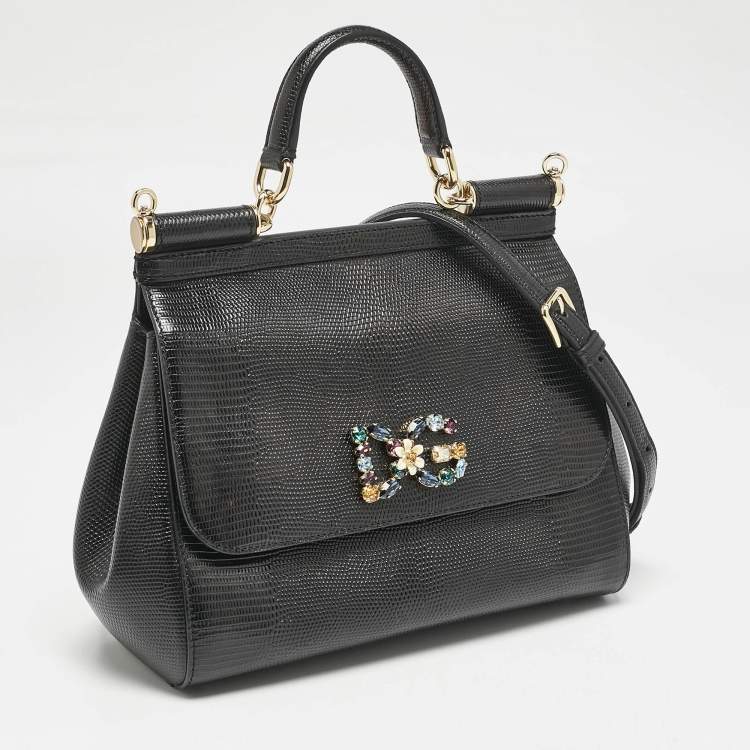 Pre Owned Dolce & Gabbana Black Lizard Embossed Leather Crystal DG Logo Large Miss Sicily Bag