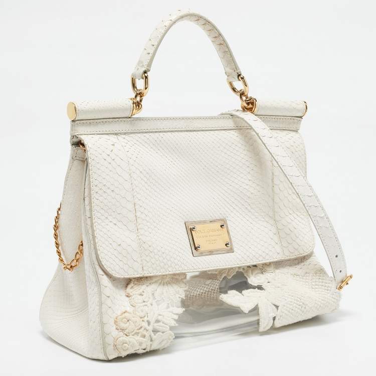 Pre Owned Dolce & Gabbana White Python and PVC Large Miss Sicily Top Handle Bag