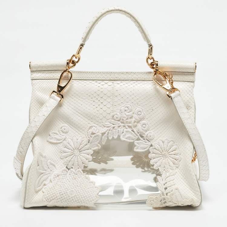 Pre Owned Dolce & Gabbana White Python and PVC Large Miss Sicily Top Handle Bag