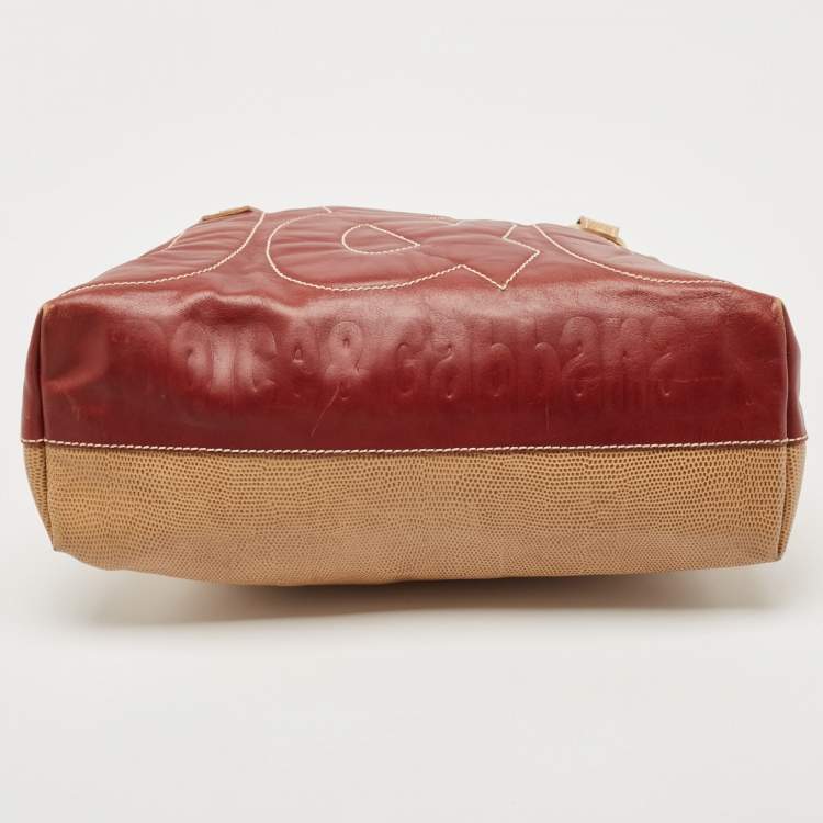 Pre Owned  D&G Burgundy/Beige Leather and Lizard Embossed Logo Shoulder Bag