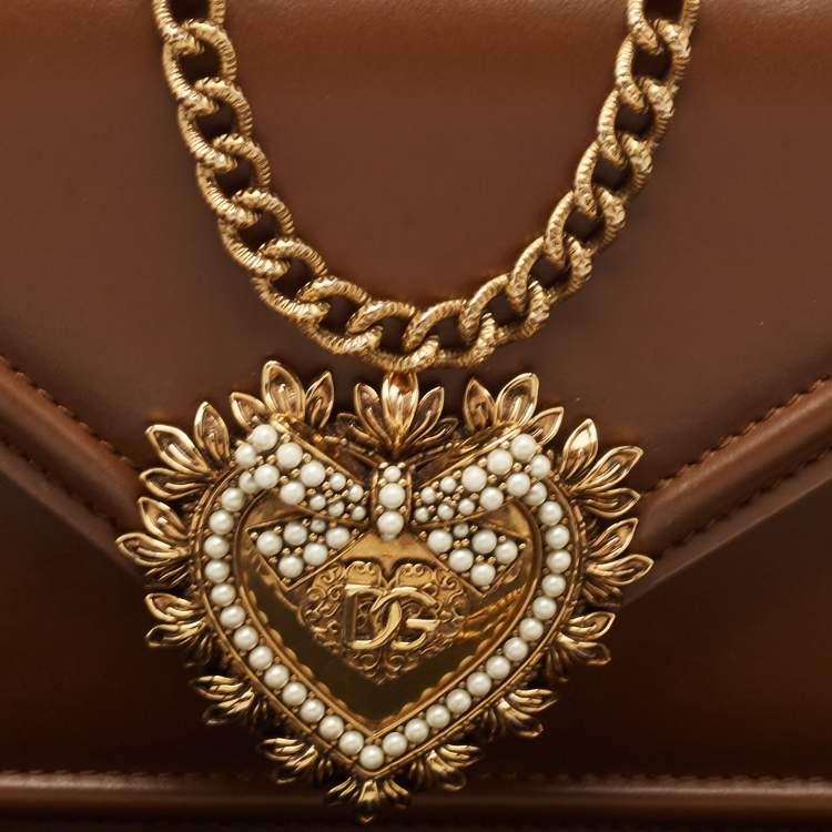 Pre Owned Dolce & Gabbana Brown Leather Small Devotion Top Handle Bag