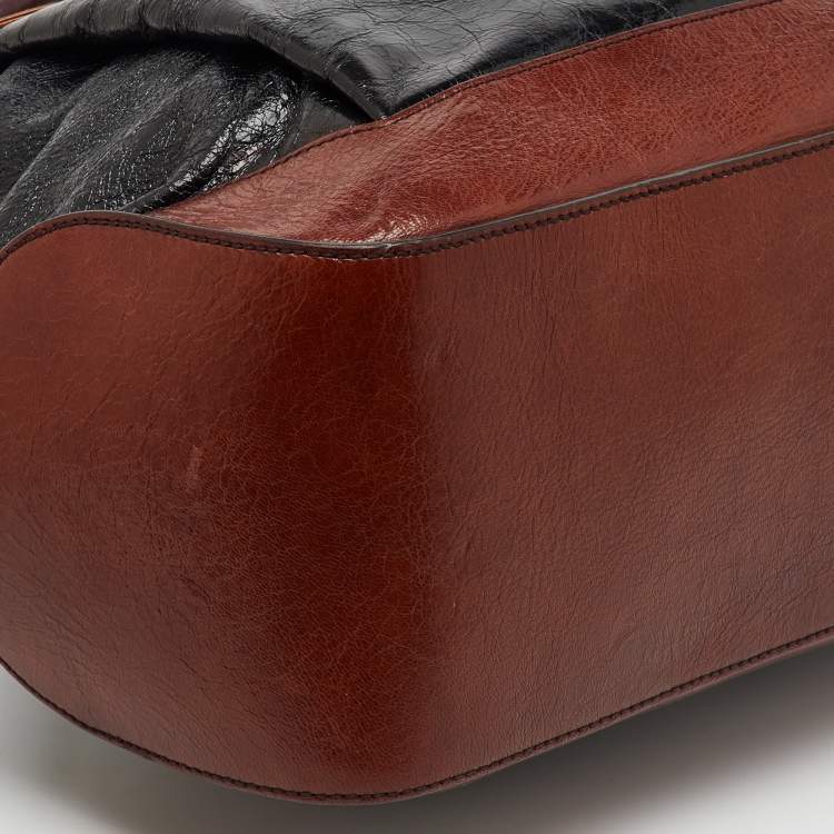 Pre Owned Dolce & Gabbana Brown/Black Glossy Leather Miss Lantana Top Handle Bag