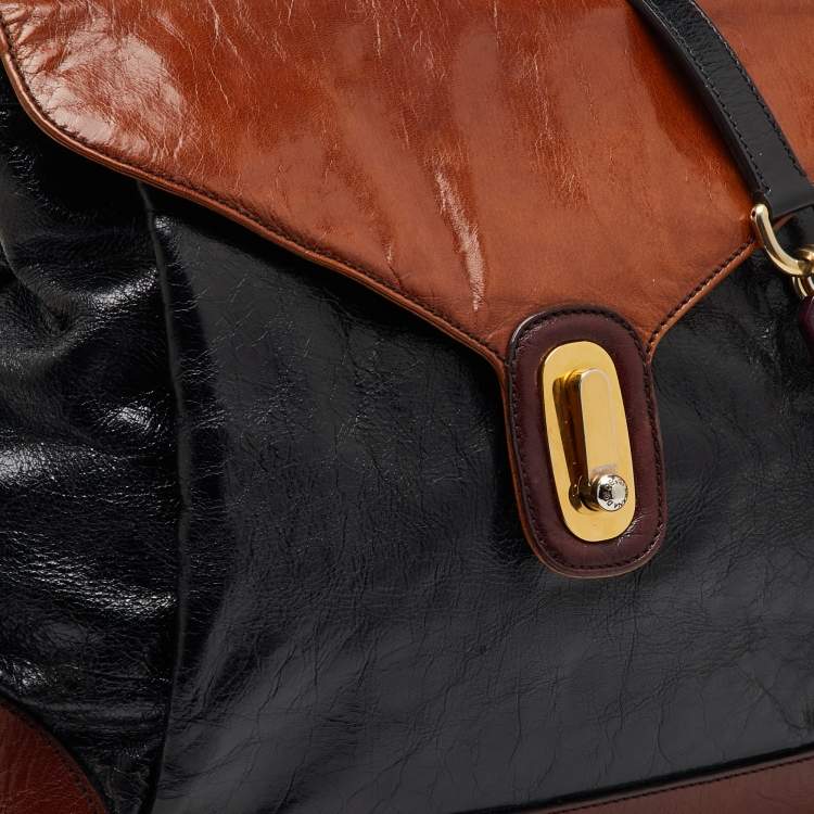 Pre Owned Dolce & Gabbana Brown/Black Glossy Leather Miss Lantana Top Handle Bag