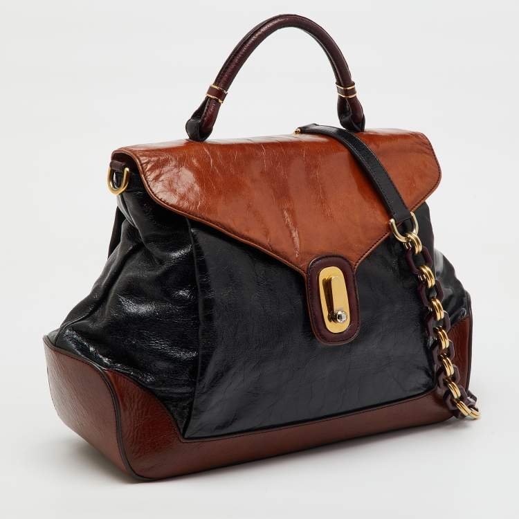 Pre Owned Dolce & Gabbana Brown/Black Glossy Leather Miss Lantana Top Handle Bag