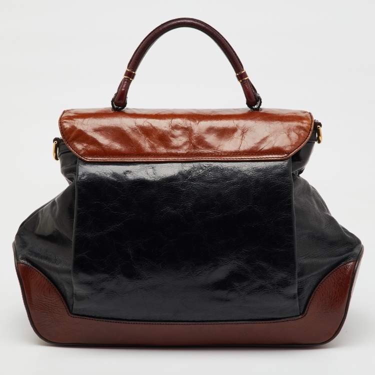 Pre Owned Dolce & Gabbana Brown/Black Glossy Leather Miss Lantana Top Handle Bag