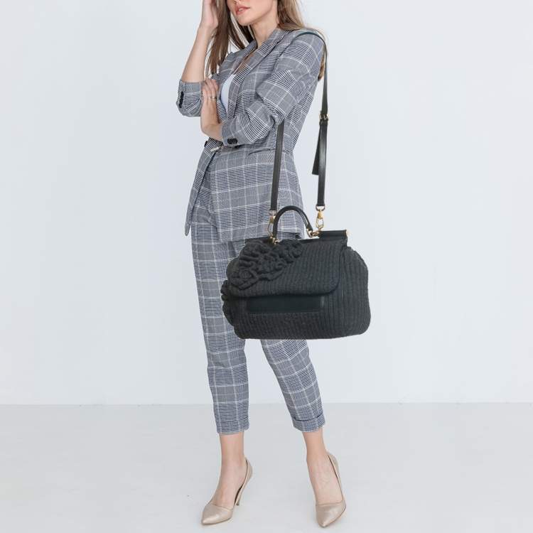 Pre Owned Dolce & Gabbana Black/Grey Wool and Leather Large Miss Sicily Top Handle Bag