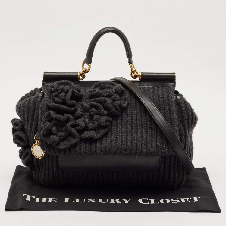 Pre Owned Dolce & Gabbana Black/Grey Wool and Leather Large Miss Sicily Top Handle Bag