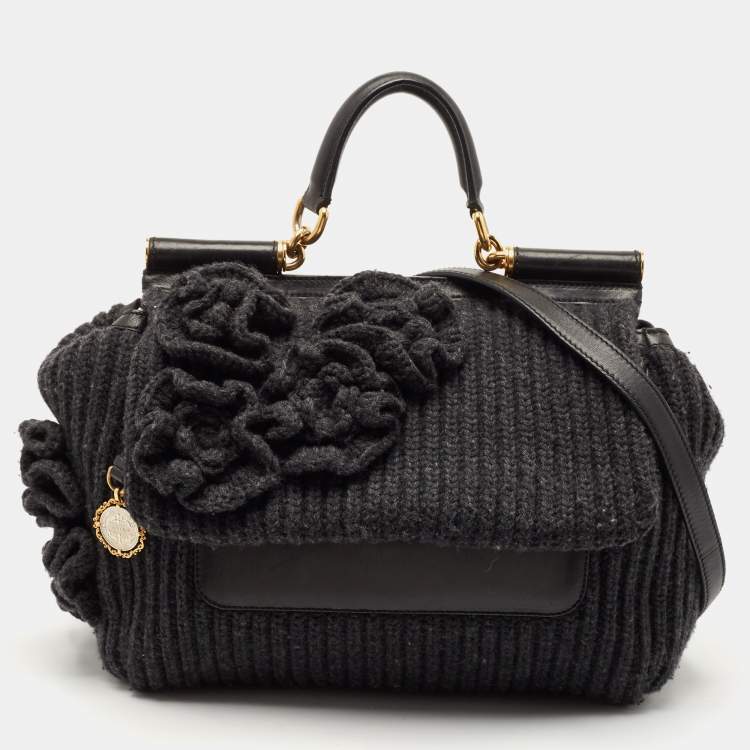 Pre Owned Dolce & Gabbana Black/Grey Wool and Leather Large Miss Sicily Top Handle Bag