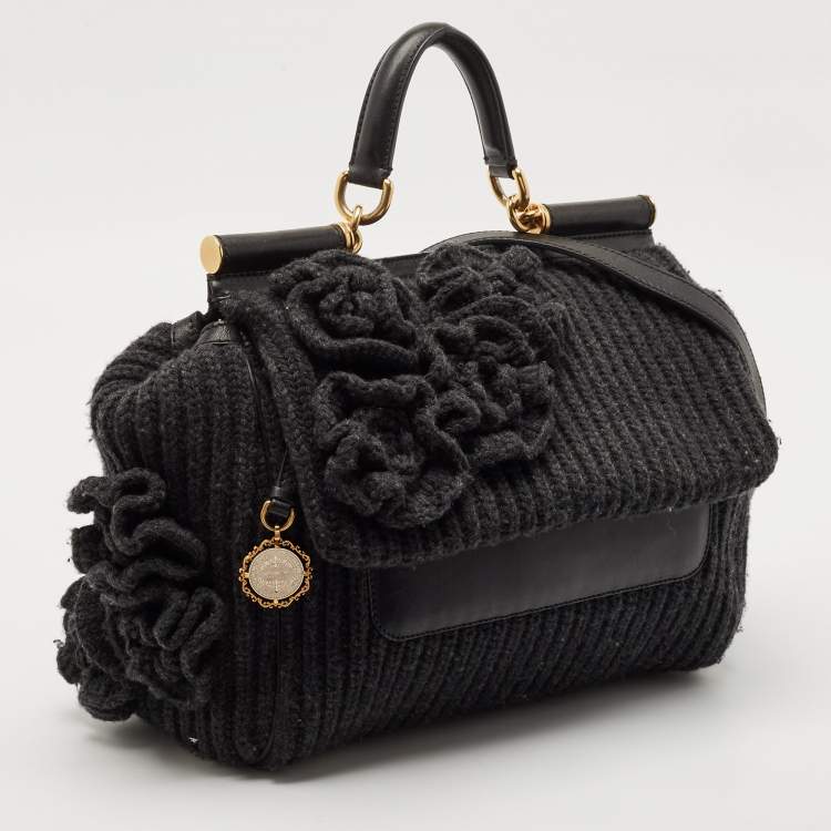 Pre Owned Dolce & Gabbana Black/Grey Wool and Leather Large Miss Sicily Top Handle Bag