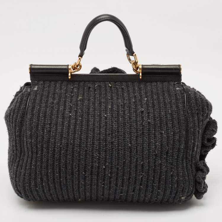 Pre Owned Dolce & Gabbana Black/Grey Wool and Leather Large Miss Sicily Top Handle Bag