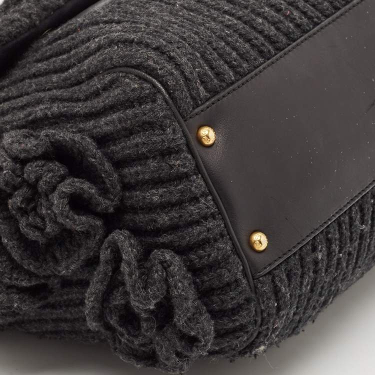 Pre Owned Dolce & Gabbana Black/Grey Wool and Leather Large Miss Sicily Top Handle Bag
