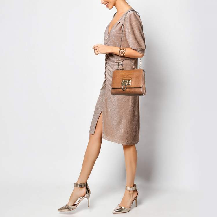Pre Owned Dolce & Gabbana Brown Lizard Embossed Leather Small Miss Monica Top Handle Bag