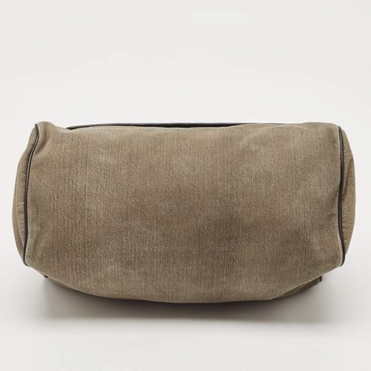 Pre Owned Dolce & Gabbana Tricolor Ostrich Leg Leather and Canvas Large Miss Sicily Top Handle Bag