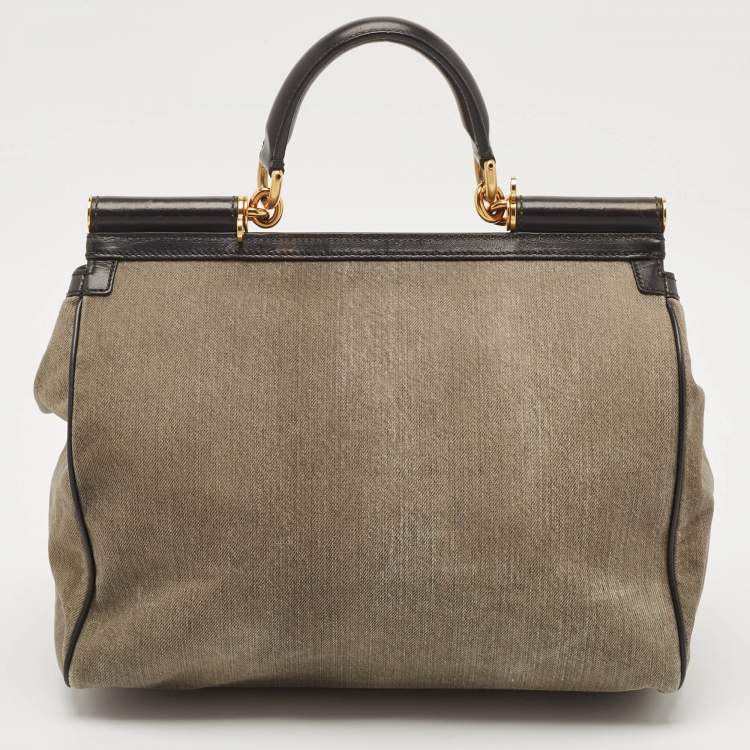 Pre Owned Dolce & Gabbana Tricolor Ostrich Leg Leather and Canvas Large Miss Sicily Top Handle Bag