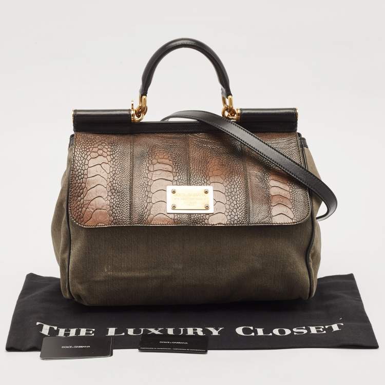 Pre Owned Dolce & Gabbana Tricolor Ostrich Leg Leather and Canvas Large Miss Sicily Top Handle Bag