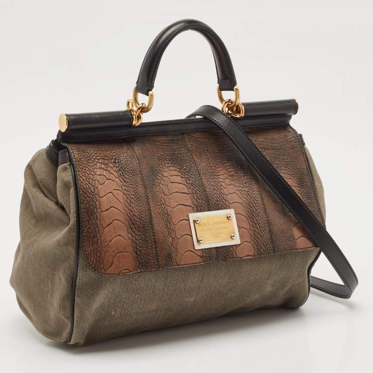 Pre Owned Dolce & Gabbana Tricolor Ostrich Leg Leather and Canvas Large Miss Sicily Top Handle Bag
