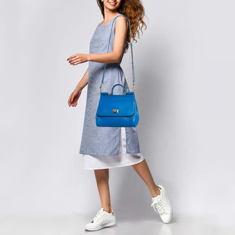 Pre Owned Dolce & Gabbana Blue Leather Medium Miss Sicily Top Handle Bag