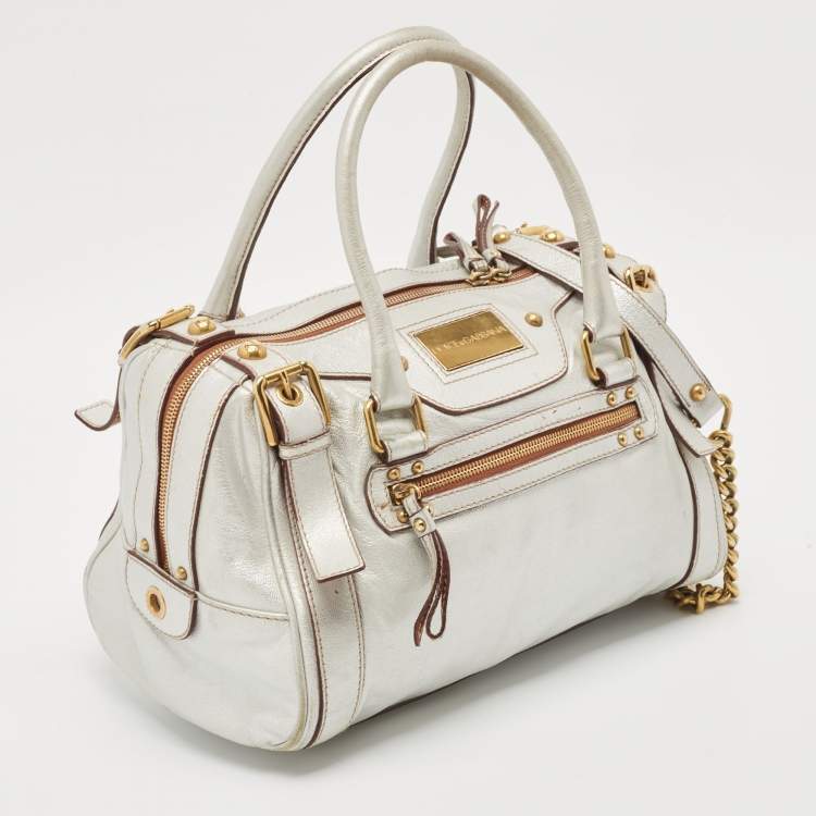 Pre Owned Dolce & Gabbana Metallic Grey Leather Miss Easy Way Satchel