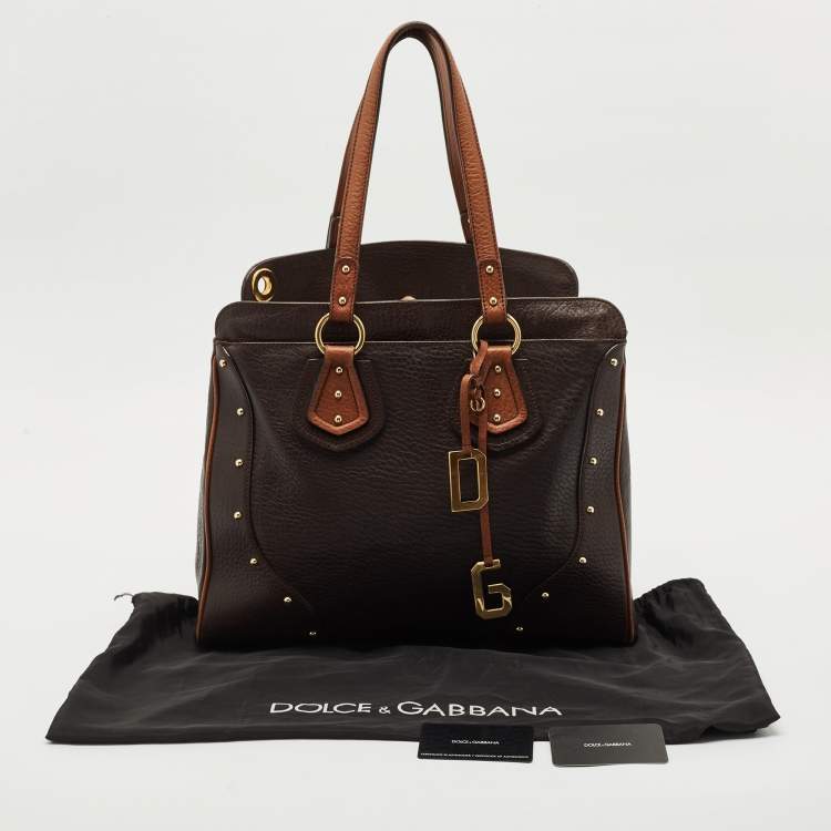 Pre Owned Dolce & Gabbana Two Tone Brown Pebbled Leather Charm Tote