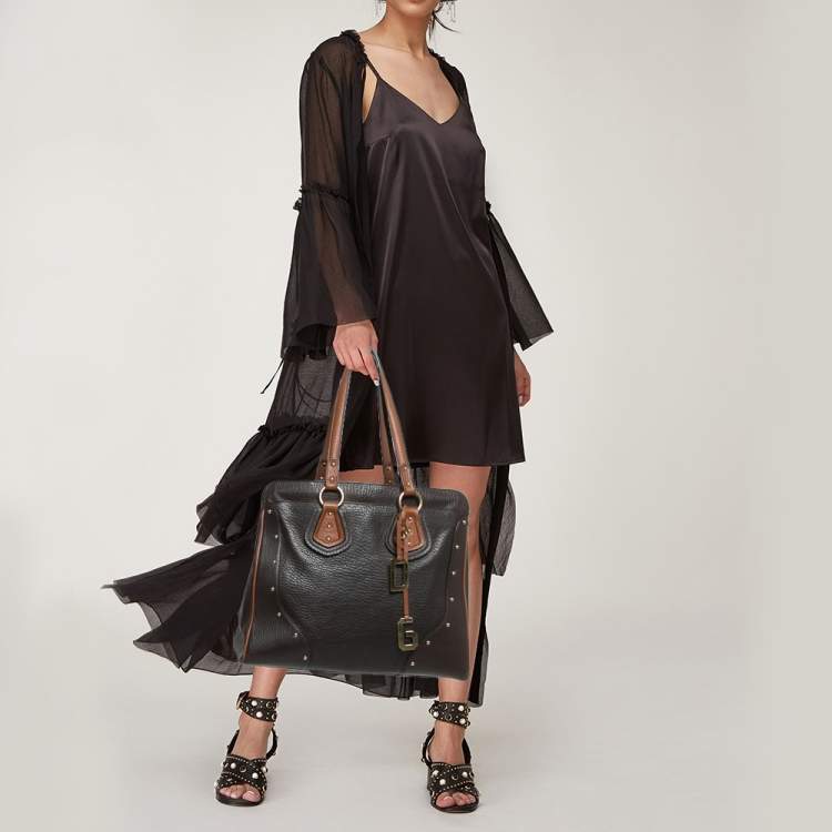 Pre Owned Dolce & Gabbana Two Tone Brown Pebbled Leather Charm Tote