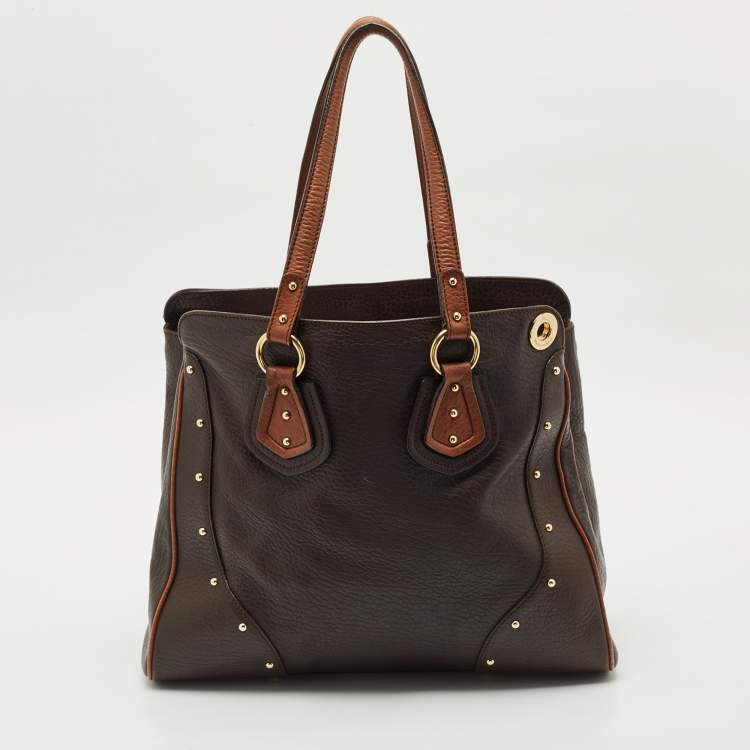 Pre Owned Dolce & Gabbana Two Tone Brown Pebbled Leather Charm Tote