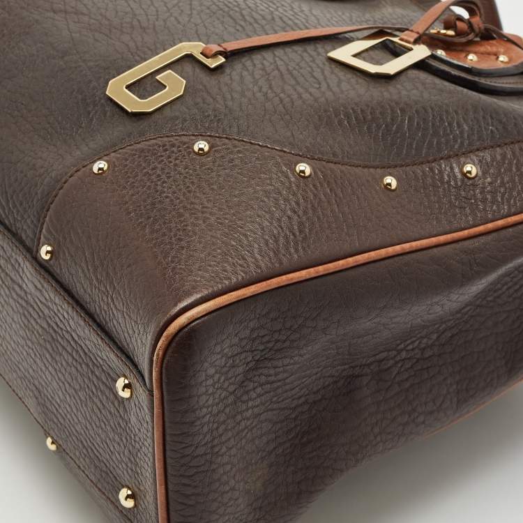 Pre Owned Dolce & Gabbana Two Tone Brown Pebbled Leather Charm Tote