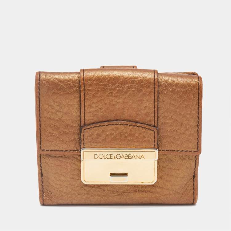 Pre Owned Dolce & Gabbana Gold Leather Metal Flap Compact Wallet