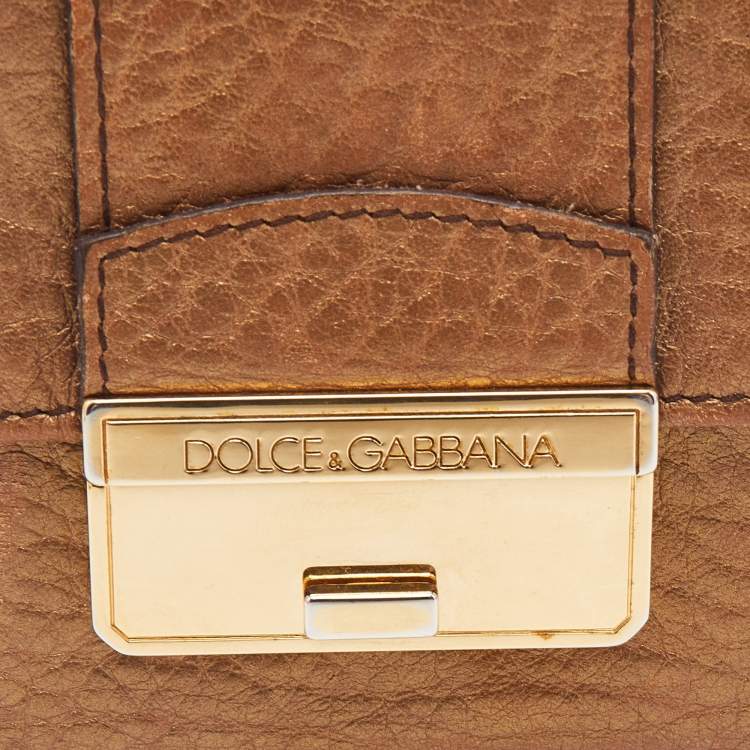 Pre Owned Dolce & Gabbana Gold Leather Metal Flap Compact Wallet