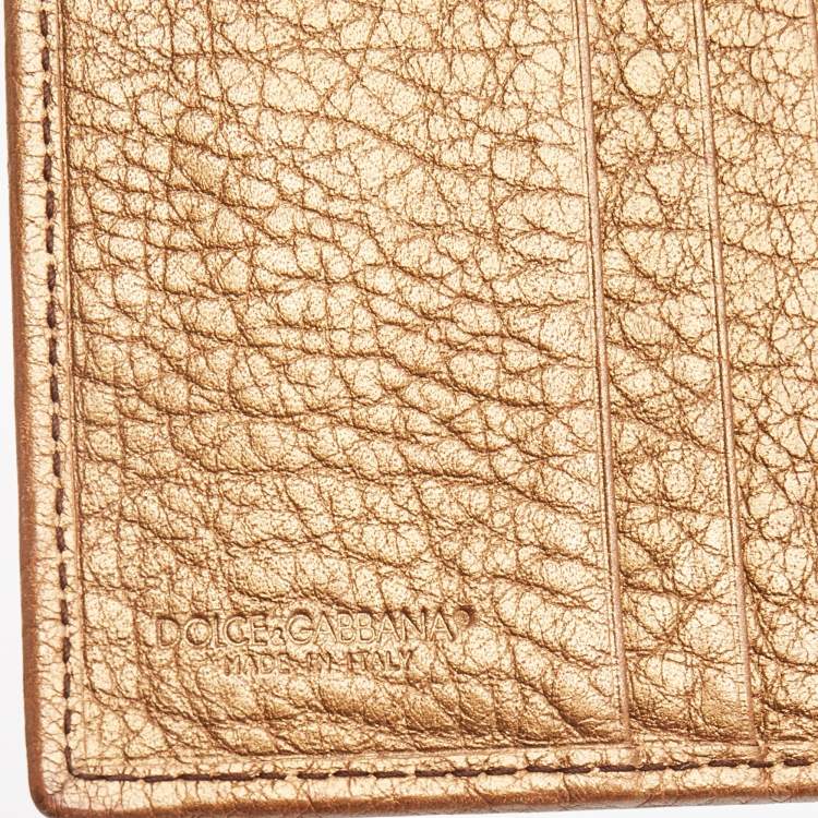 Pre Owned Dolce & Gabbana Gold Leather Metal Flap Compact Wallet