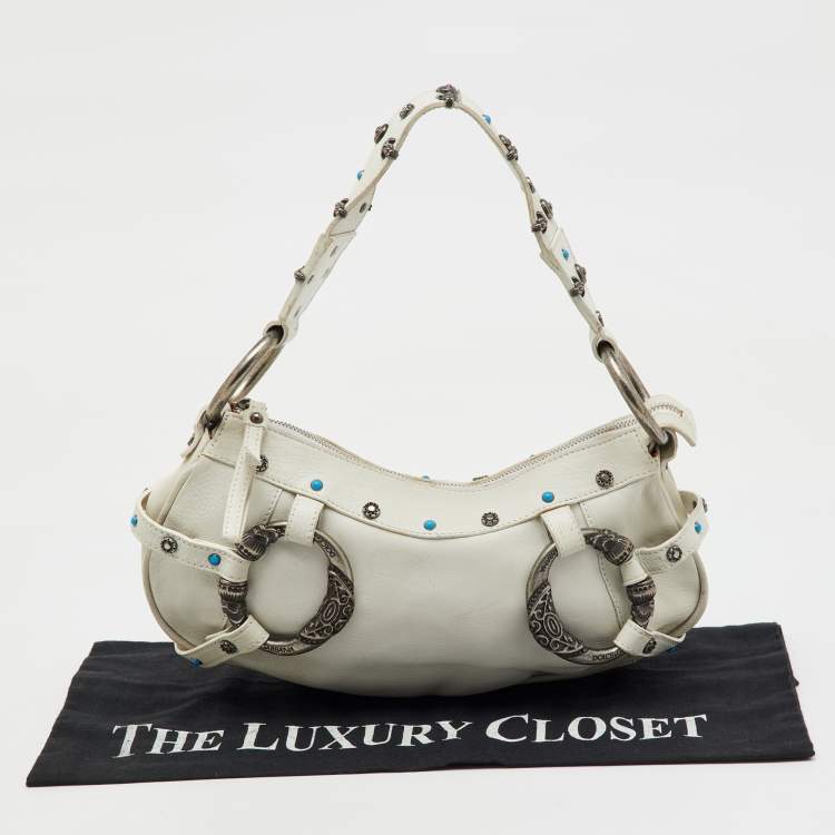 Pre Owned Dolce & Gabbana White Leather Studded Shoulder Bag