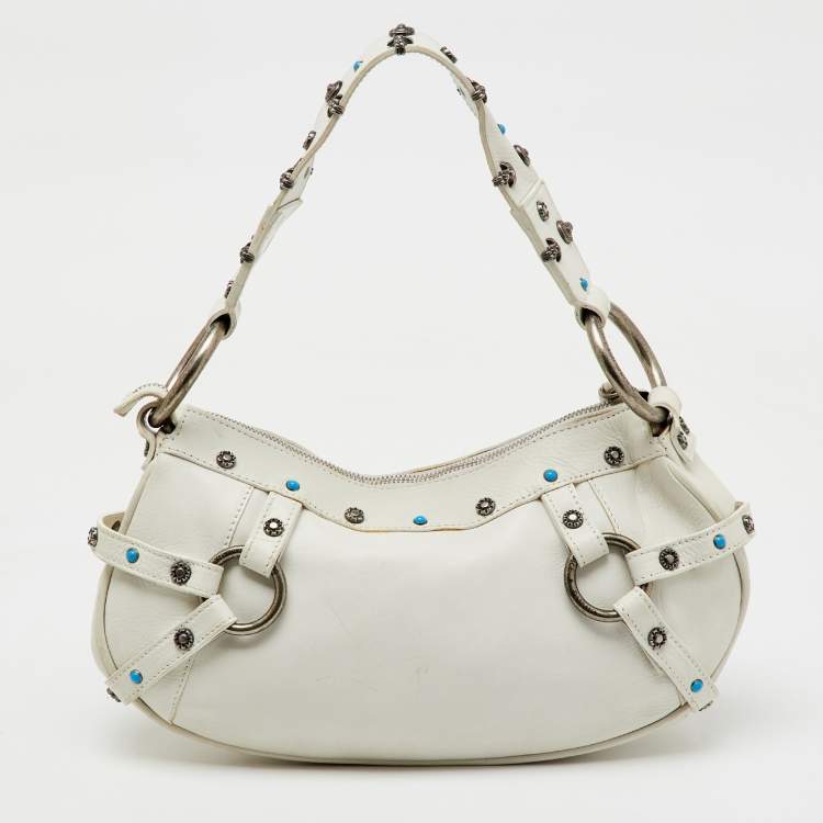 Pre Owned Dolce & Gabbana White Leather Studded Shoulder Bag
