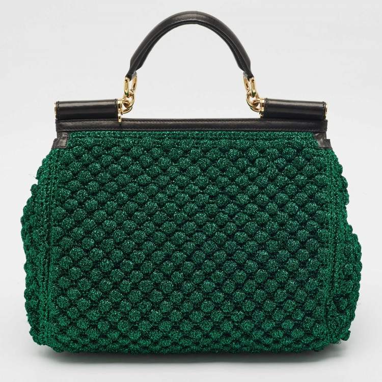 Pre Owned Dolce & Gabbana Metallic Green Crochet Lurex Fabric Large Miss Sicily Top Handle Bag