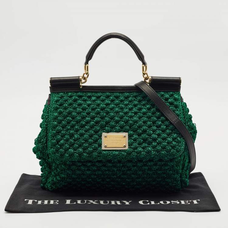 Pre Owned Dolce & Gabbana Metallic Green Crochet Lurex Fabric Large Miss Sicily Top Handle Bag