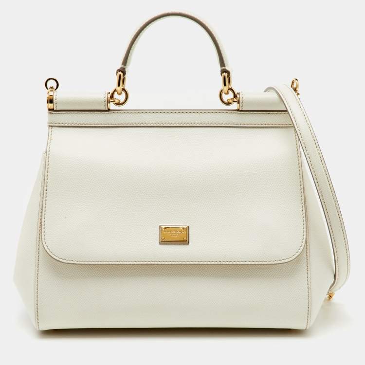 Pre Owned Dolce & Gabbana White Leather Medium Miss Sicily Top Handle Bag
