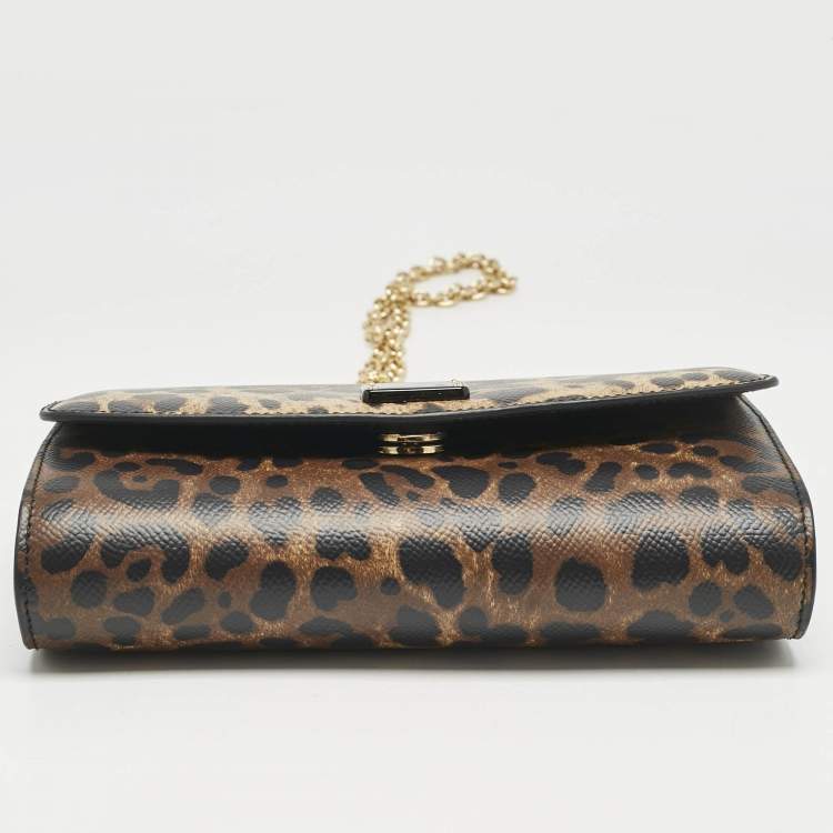 Pre Owned Dolce & Gabbana Brown Leopard Print Coated Canvas Dauphine Wallet On Chain