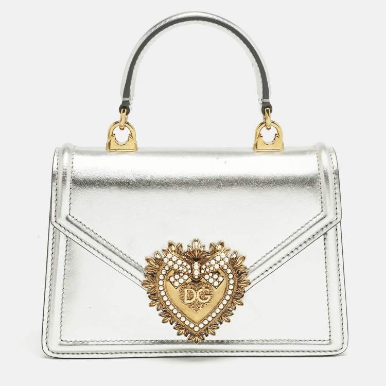 Pre Owned Dolce & Gabbana Silver Leather Small Devotion Top Handle Bag