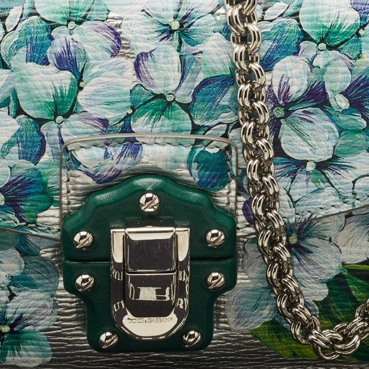 Pre Owned Dolce & Gabbana Silver Floral Print Leather Lucia Wallet on Chain