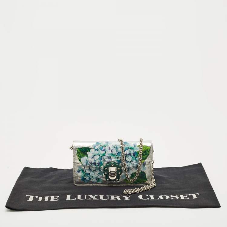 Pre Owned Dolce & Gabbana Silver Floral Print Leather Lucia Wallet on Chain