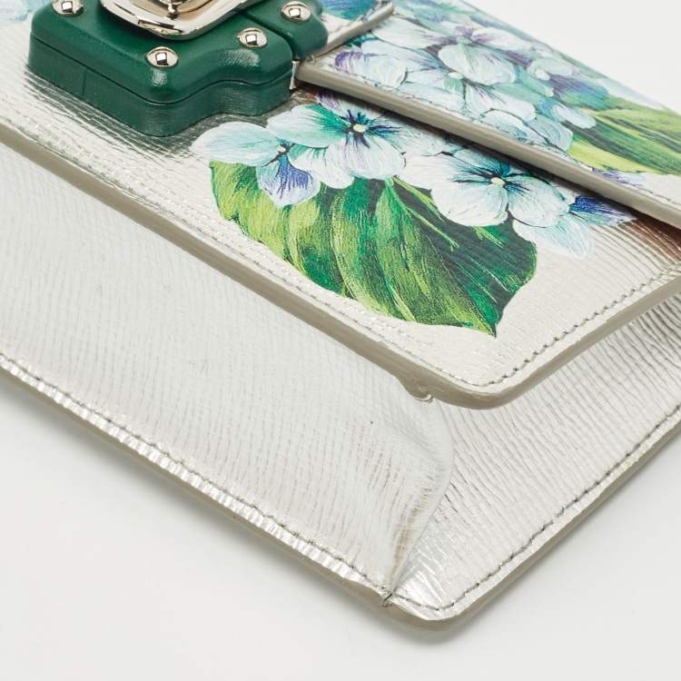 Pre Owned Dolce & Gabbana Silver Floral Print Leather Lucia Wallet on Chain